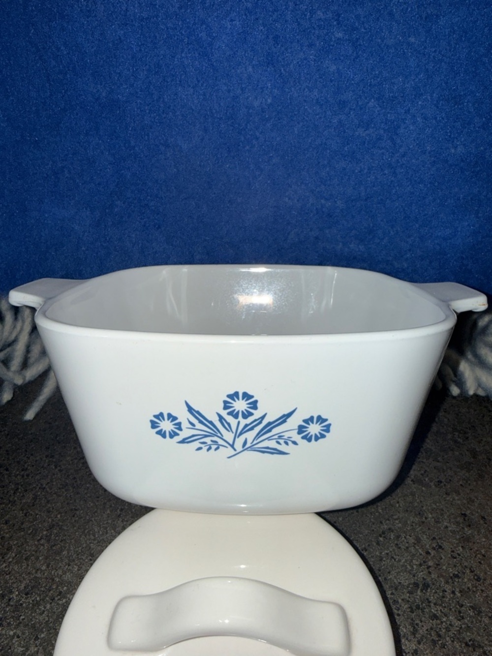 Corningware White Dish with Blue Logo and Floral Marking